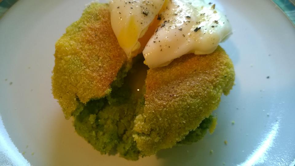 Pea cakes with Poached Eggs